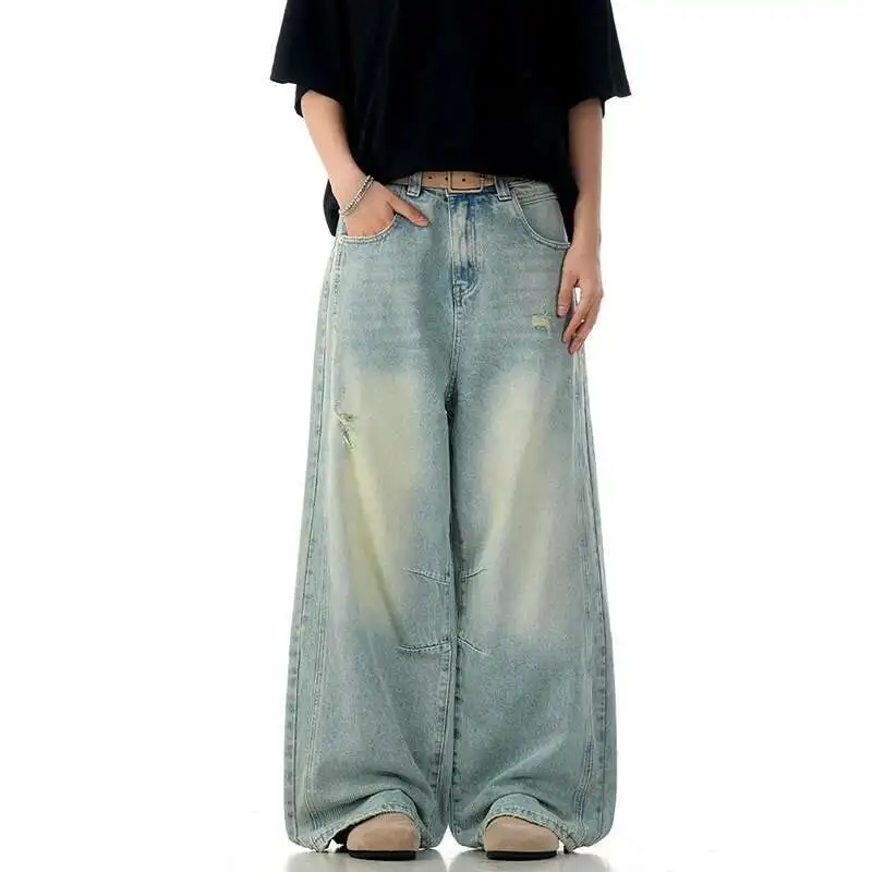 

Street Baggy High Men's Deim Pants Cat Whisker Worn-out Jeans Handsome Loose Wide Leg Trousers Vintage Men Clothing 681D