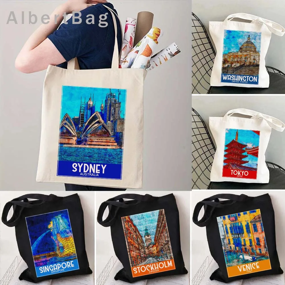 Seville Singapore Sofia Stockholm Sydney Tokyo Toronto Ink Watercolor Painting Tote Bag Venice Warsaw Zagreb Tallinn Eco Handbag