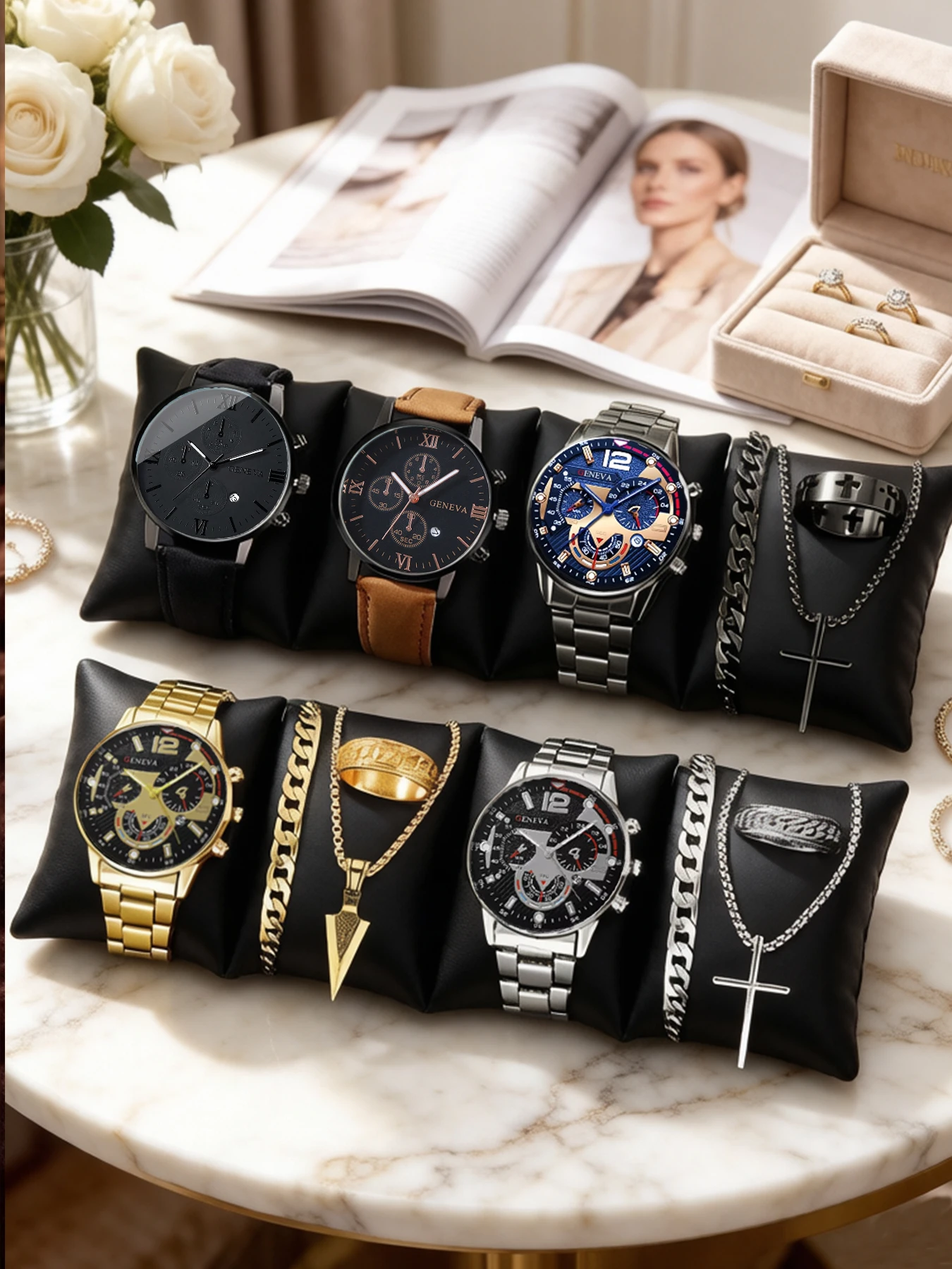 8Pcs Men Geneva Watch Jewelry Set 5 Watches + Necklace Bracelet Ring Fake Chronograph Steel Leather Band Male Gift