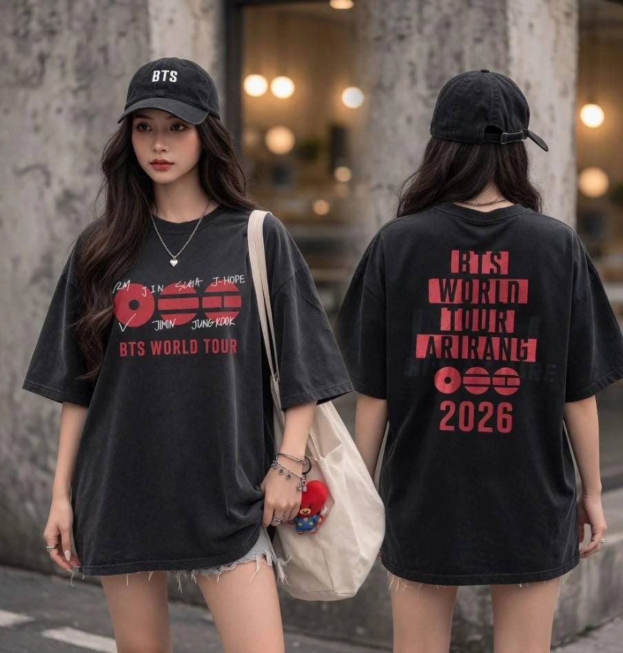 Camiseta Unissex 100% Algodão BTS 2026 World Tour Arirang Album Graphics, Camisa Retrô Y2K de Moda Kpop Coreana para Homens e Mulheres