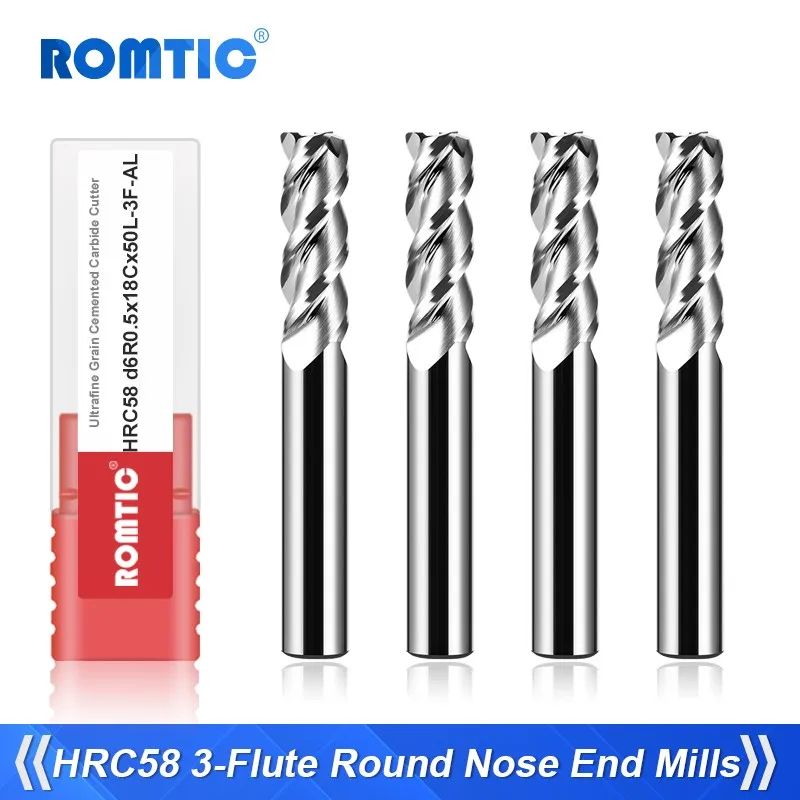 ROMTIC HRC58 Tungsten Steel Carbide 3-Flute Round Nose End Mill CNC For Aluminum Mechanical Processing Milling Cutter Tools