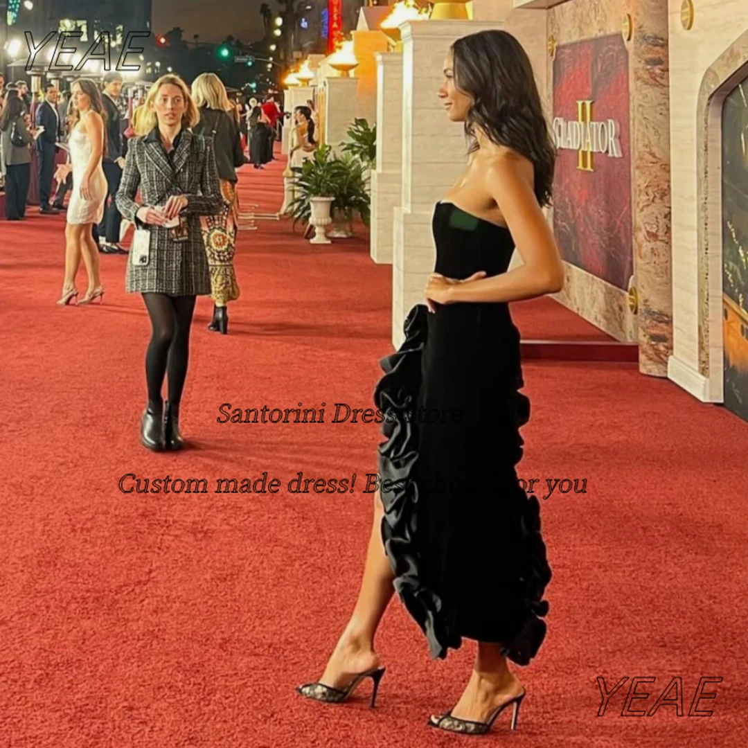 Santorini Celebrity Women Red Carpet Wear Little Black Prom Dresses Strapless Ruched Side Slit Cocktail Party Gowns Customized