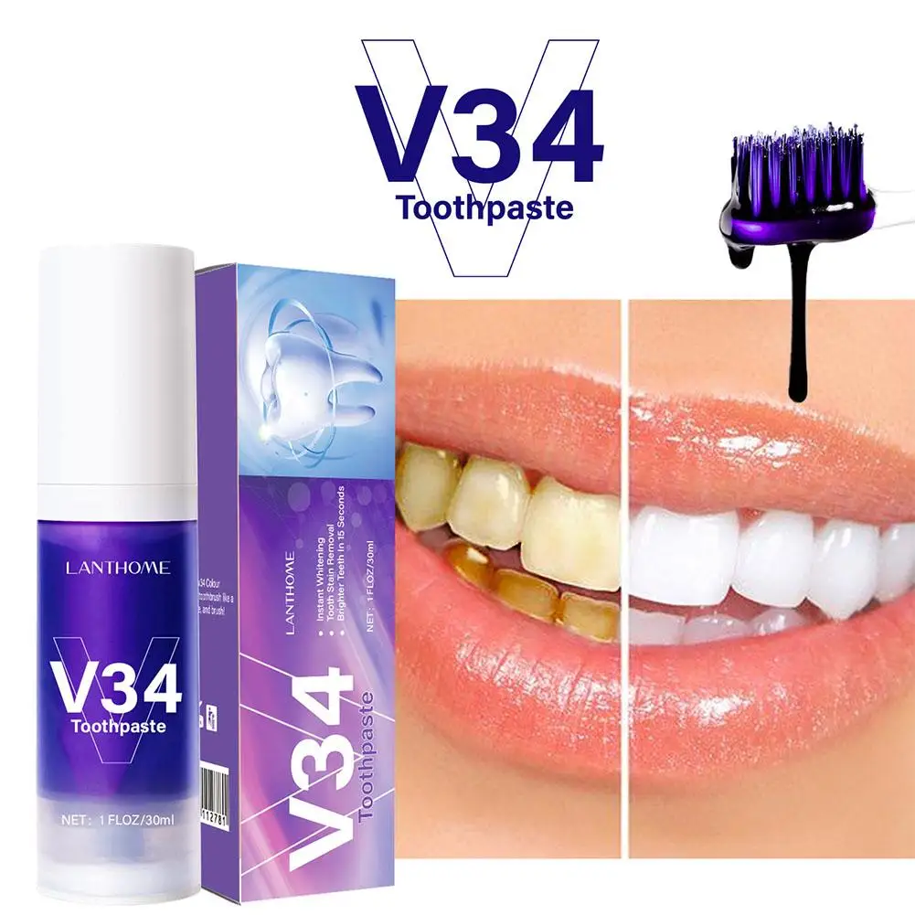 V34 Teeth Whitening Purple Toothpaste Remove Teeth Breath Whitening Brightening Essence Corrector Color Care Oral Stain Free