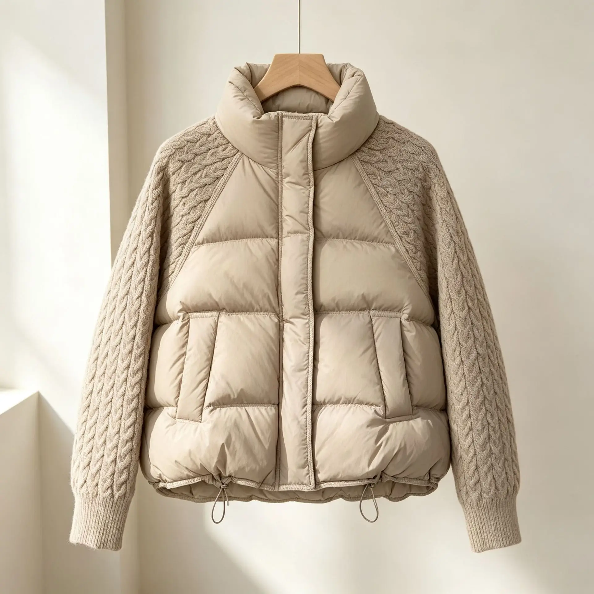 2026 New Winter Turtleneck White Duck Down Jacket Women Patchwork Knitted Warm Drawstring Short Soft Puffer Coat Female