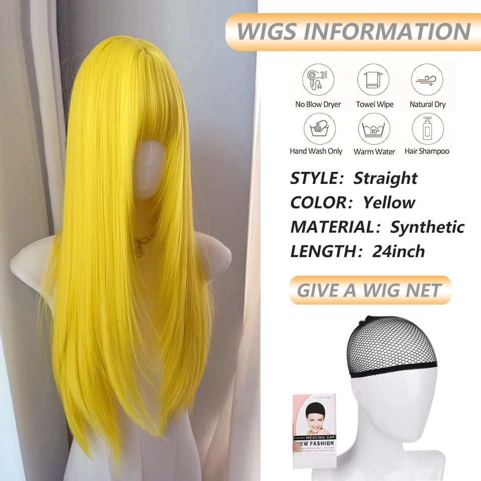24inch Yellow Wig for Women Cosplay Wig with Bangs Lolita Long Straight Hair Layers High Temperature Fibers Synthetic Wigs