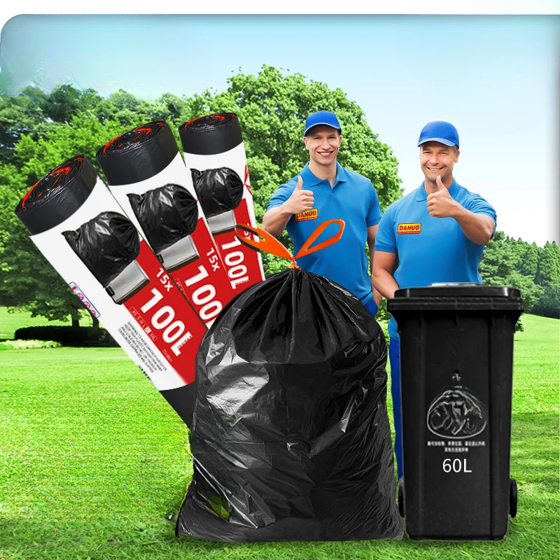 60/100L Large Kitchen Waste Garbage Bag 1 Roll With 15 Black Thick Hand Held Disposable Environmental Drawstring Garbage Bags