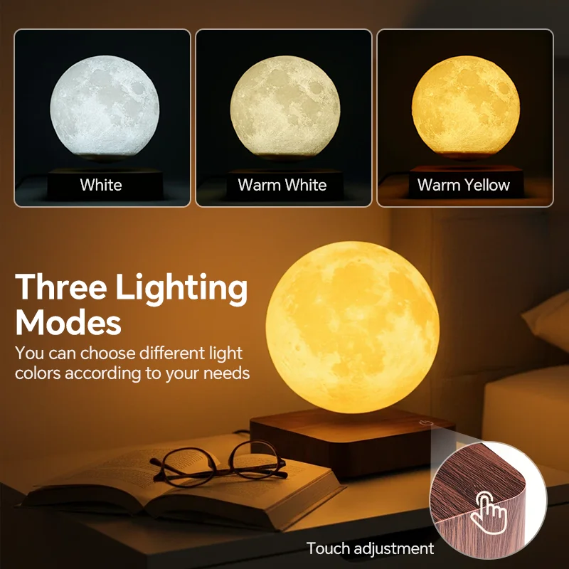 Magnetic Levitating LED Moon Lamp with Wooden Base, 360° Rotating 3 Lighting Modes Night Light for Bedroom Unique Gift