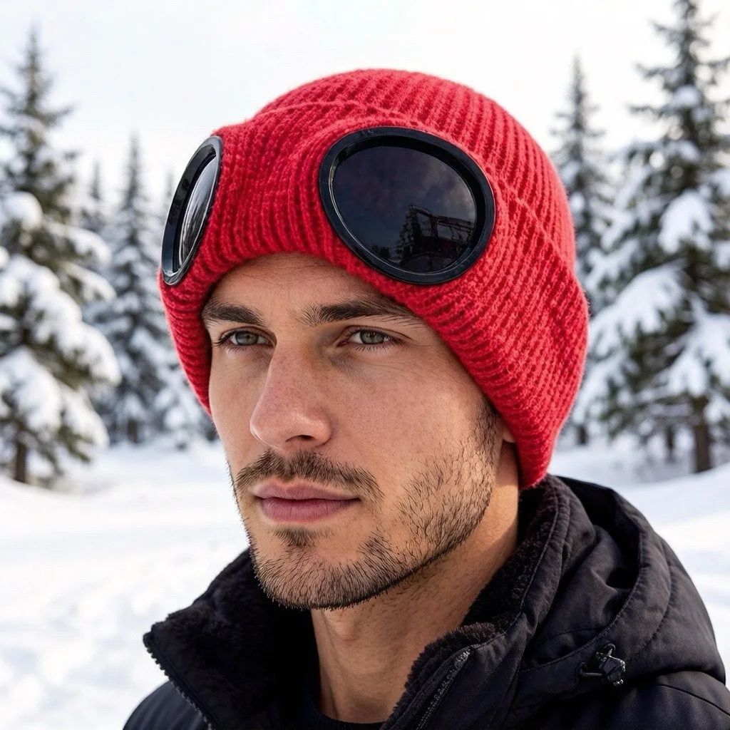 Brimless Knit Hat High Elastic Outdoor Skiing Hat Detachable Goggles Beanie Neutral Skullies And Beanies For Walking Cycling All