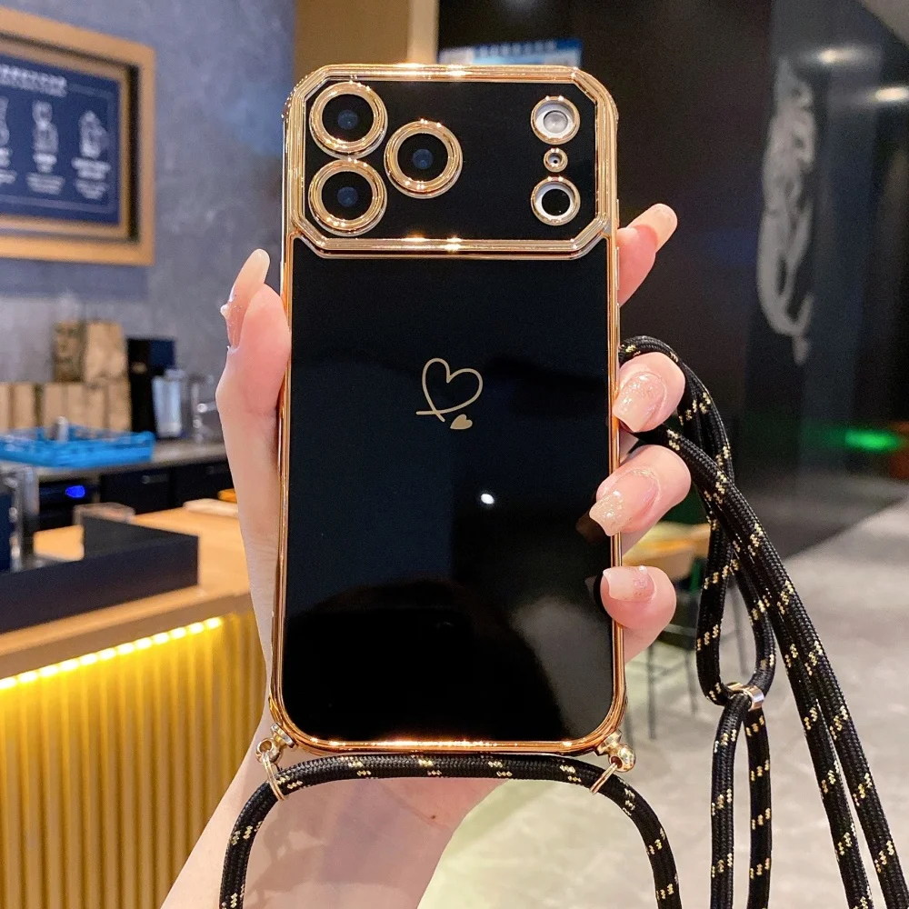 Crossbody-Halsband-Schultergurt-Hülle für iPhone 18 17 Pro Max 16 13 15 14 Plus, vergoldetes Herz, weiche Silikonhülle – Detail 7