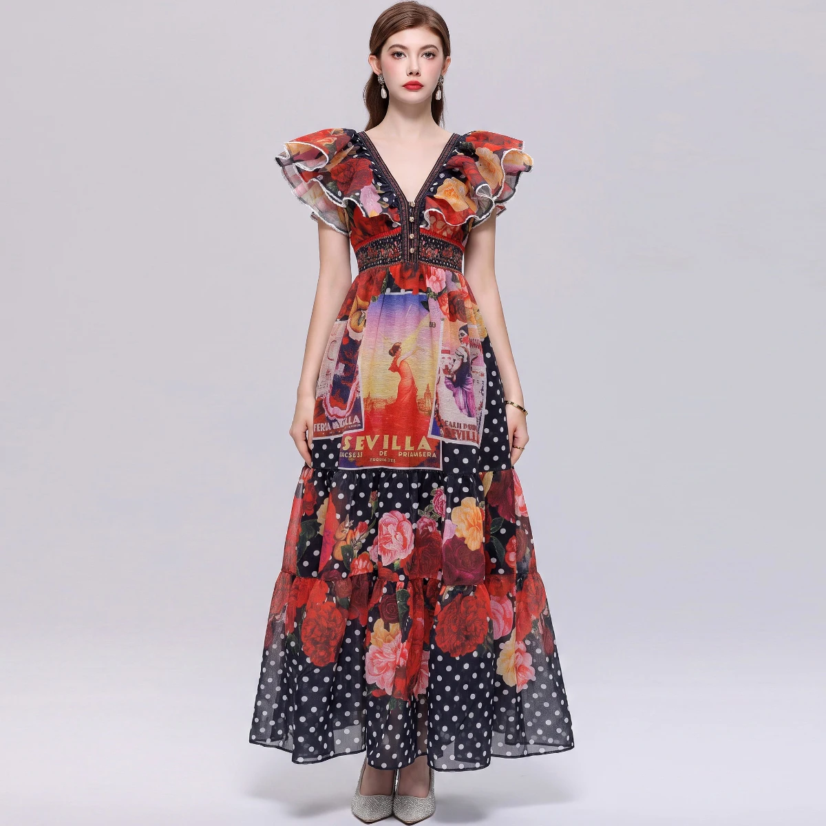 Luxuriöses Damen-Paillettenkleid mit Spitze, Kerbrevers, Perlenknöpfen, schmaler Passform, ausgestellten Ärmeln, elegantes Bankett- und Cocktail-Party-Outfit