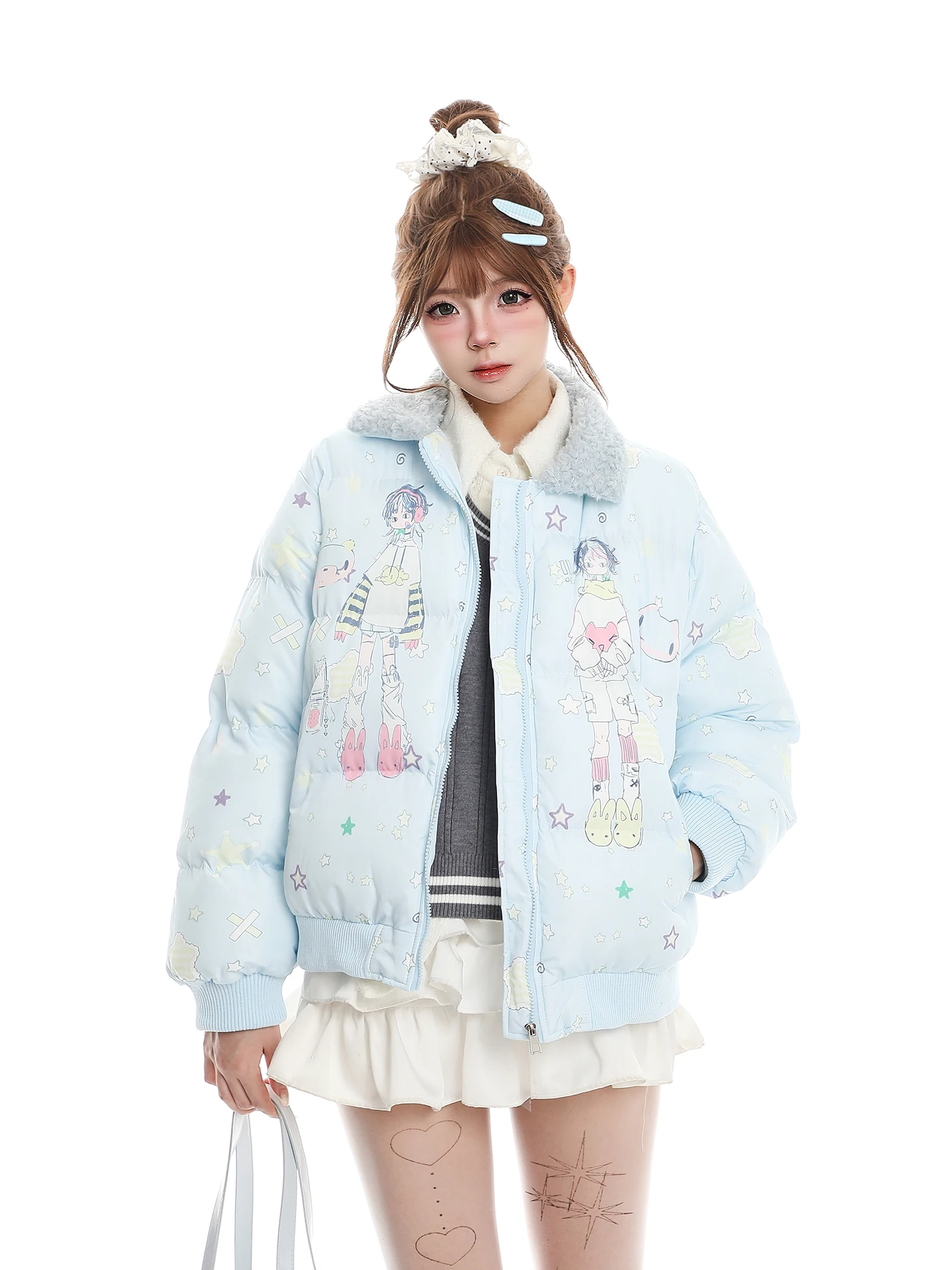 

Новая женская зимняя хлопковая куртка с милым мультяшным принтом, воротником из овечьей шерсти, свободного кроя, теплая, на молнии, с длинными рукавами