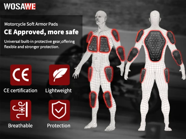 WOSAWE CE المستوى 1 موتو دراجة نارية الظهر الكوع الركبة الكتف الصدر الورك سترة إدراج والعتاد درع سباق حماية