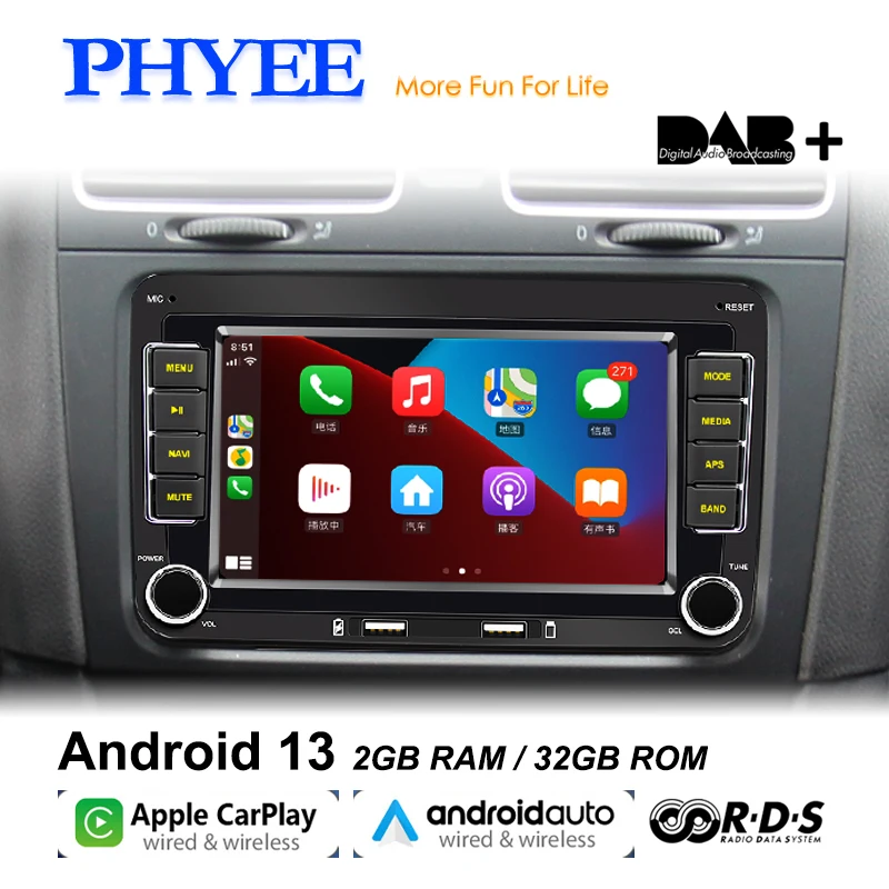 2 Din Android Carplay Car Radio Bluetooth Android-Auto DAB Plus FM RDS GPS Wifi Head Unit for VW Golf 5 6 Jetta Touran