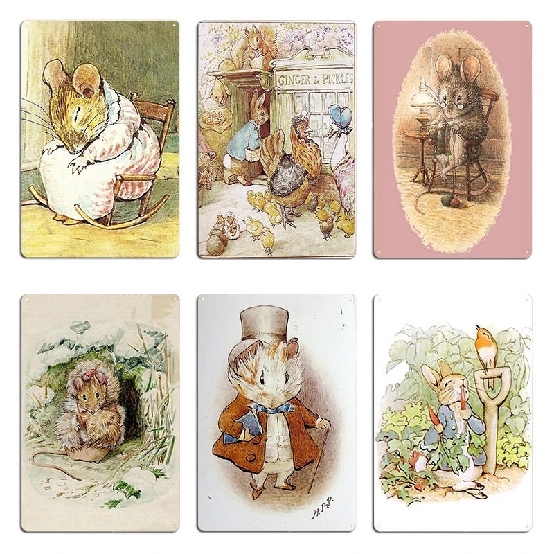 Knitting Mouse The Tale of Ginger and Pickles (1909) Beatrix Potter Metal Painting Print Wall Mural Decoration Tin Sign Poster