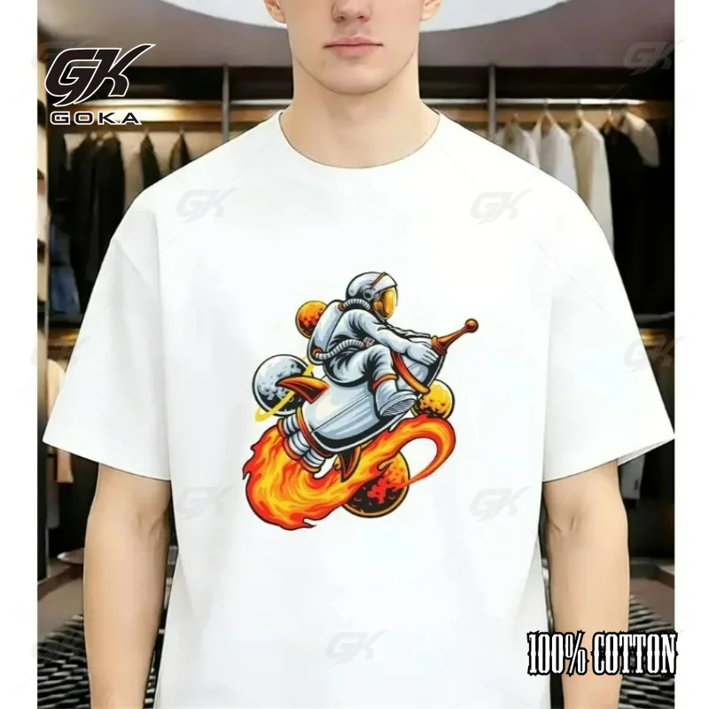Men'S T-Shirts Featuring A Humorous Design of An Astronaut on A Rocket, Perfect for Casual Wear During Round Short Sleeved Tops