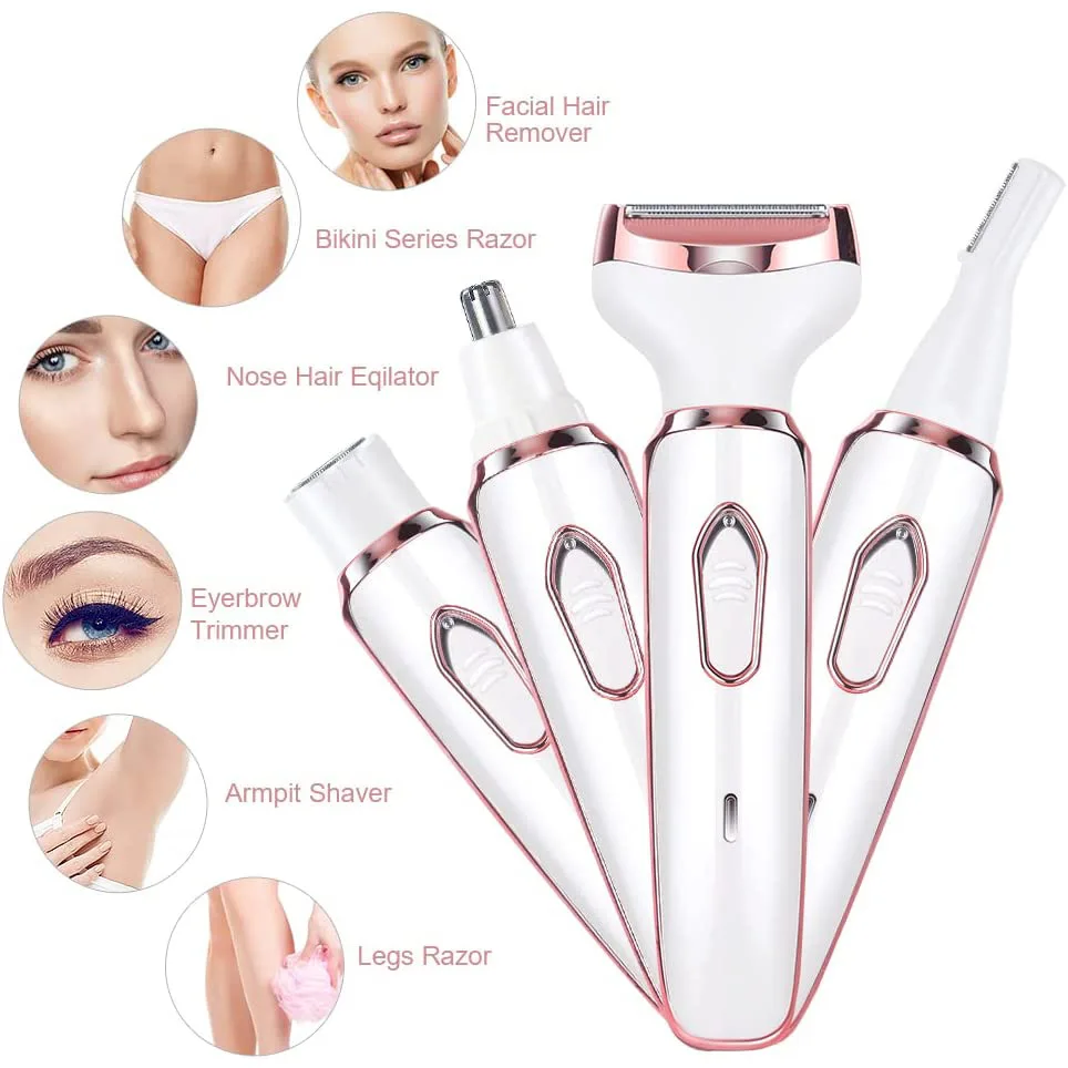 4 in 1 Rechargeable Electric Razor for Women Face, Nose, Legs, Underarm, Bikini Trimmer - Wet & Dry, Painless Grooming Kit