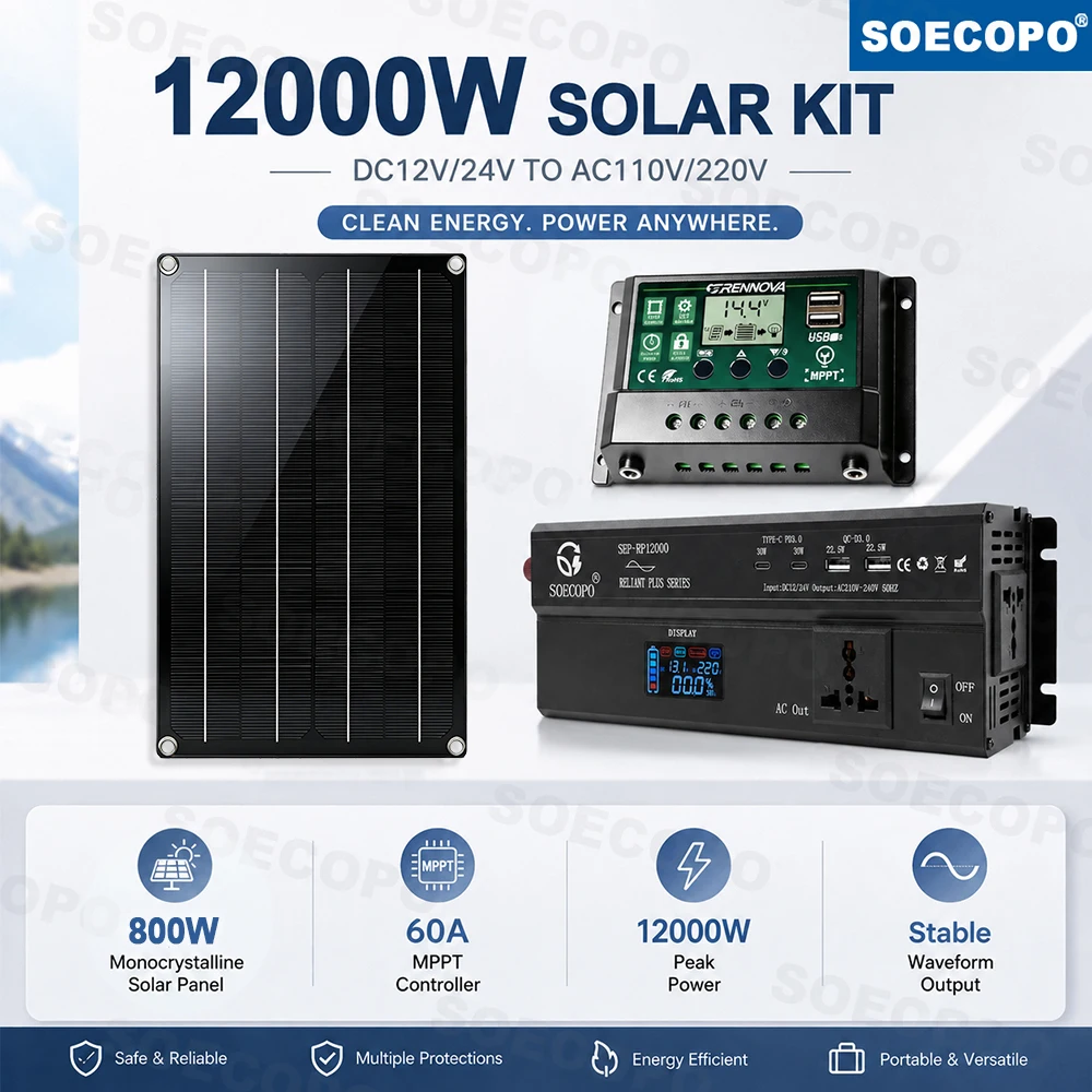 Portable Power 12000W Peak Solar Power Kit with 800W Mono Panel + 60A MPPT Controller DC12V/24V AC110V/220V for Home RV Off Grid