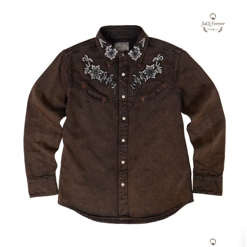 American Retro Embroidery Slim Fit Pure Cotton Spring and Autumn Men's Long Sleeved Denim Shirt