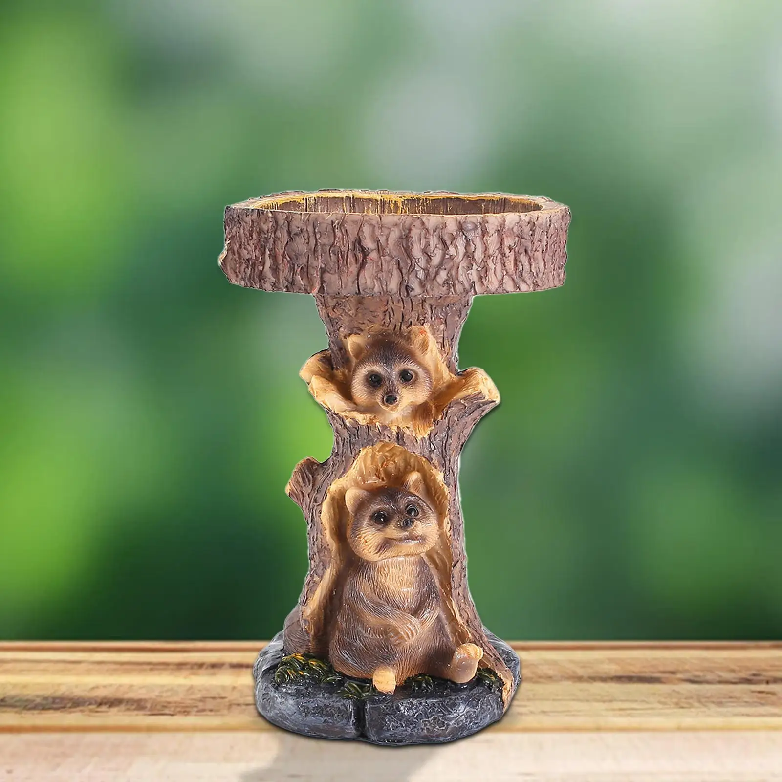 Garden Bird Bath Bowl Raccoon Statue Figurine Yard Deck Porch Resin Feeder