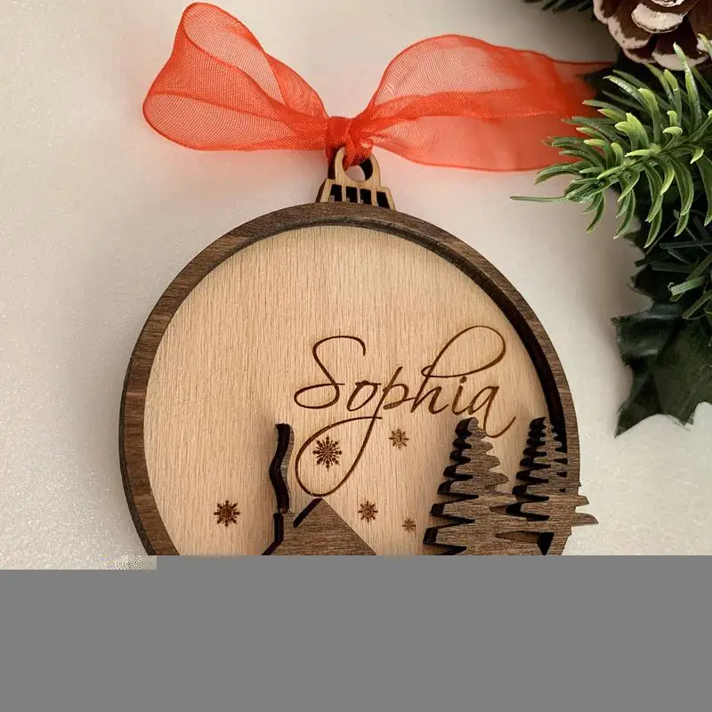 Family Christmas Ornament Wooden Slices Tag Label With Tree And House Pattern Round Hangings Wreath Crafts Handmade Wooden