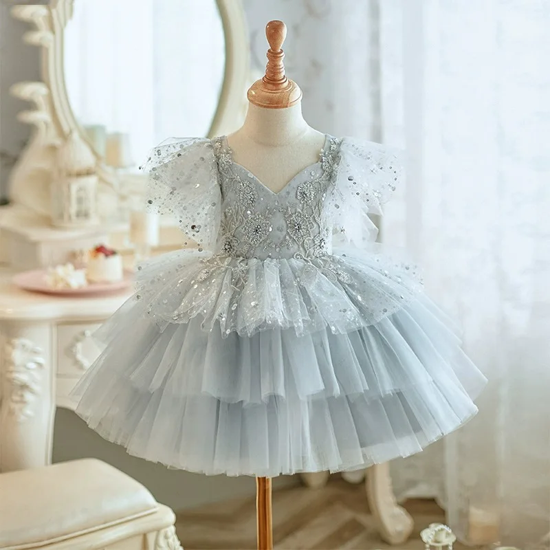 Girls Princess luxury flower Children pearl Sequin tutu Wedding Gown V-neck Kids Dresses baby infant Birthday Party Dress