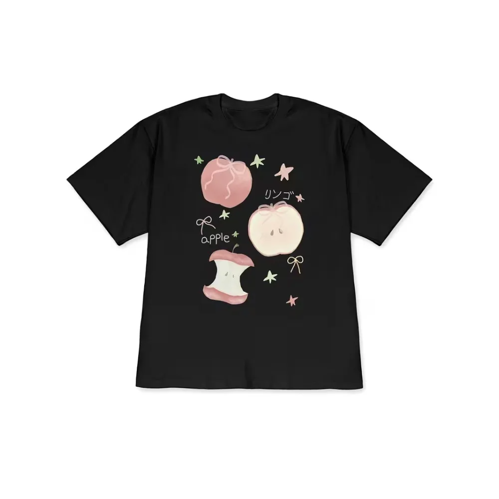 Cute Pink Bow Apple Graphic T-Shirt Grily Bow Star Fruit Print Casual Loose Short Sleeve Women Streetwear Top for Daily Wear