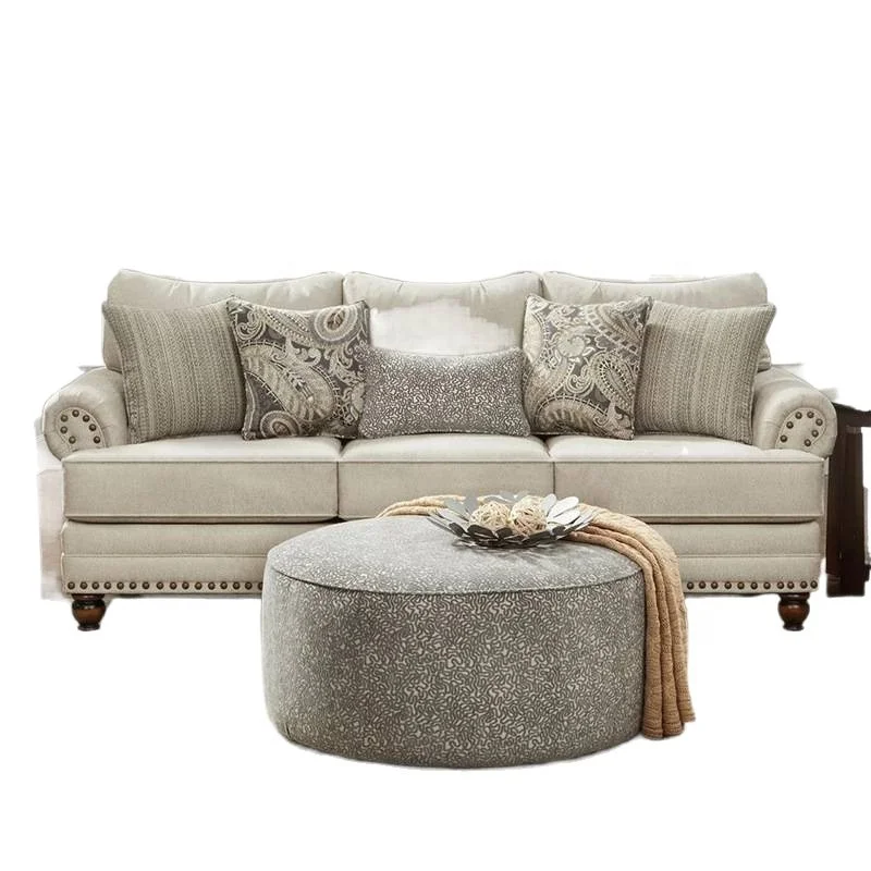 #Vintage Beige Fabric Loveseat 2 Seater Upholstered Couch with Nailhead Trim andPaisley Accent Pillows for Living Room Furniture