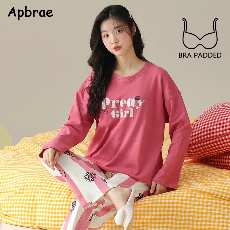 New Autumn Winter Women Pajama with Bra Pads Long Sleeves Cute Rabbit Print Homewear Round Collar Pijamas Cotton Nightwear