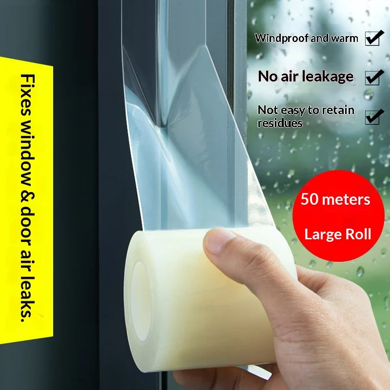 50M(1 Roll) Window Windproof Sealing Tape Glass Door Window Gap Waterproof Windproof Insulation Film Transparent Adhesive Strip