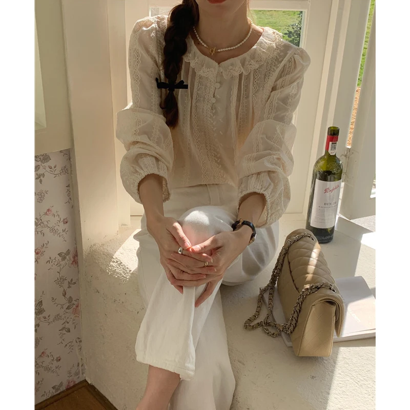 Ele Vintage Long Sve rond Ne dentelle irt femmes Faionable polyvalent charmant chemisier coréen Sle trajet vent