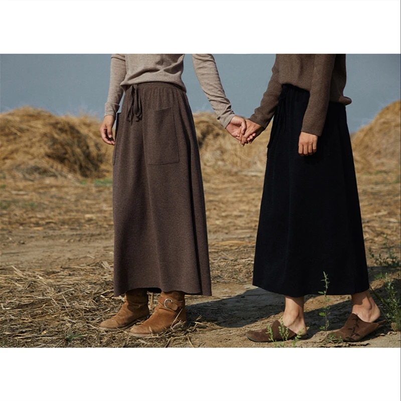 Hot Autumn/Winter New 100% Wool Skirt Women Loose And Thin Double Pocket A-Line Knitted One-Step Umbrella Long Dress Cashmere