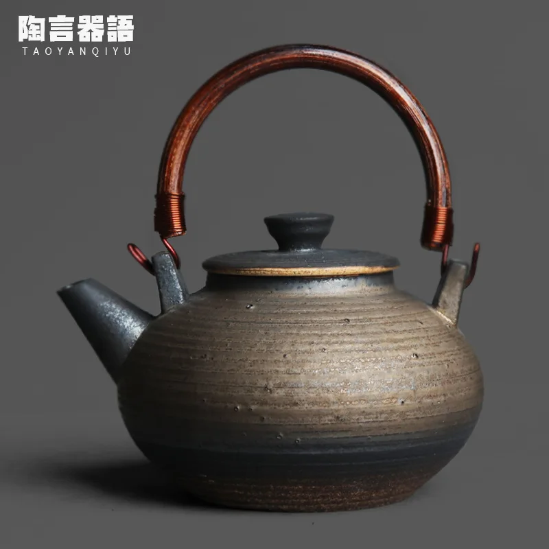 

Kiln baked black gold pottery, bamboo vine ring handle kettle, antique ceramic stove, open fire, black tea, coffee, milk pot