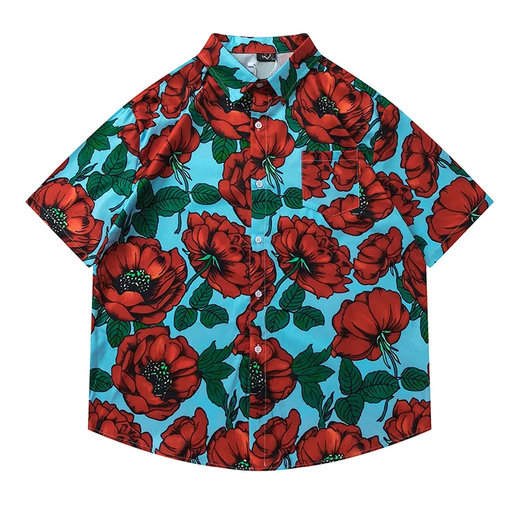 Hong Kong style retro floral all-over printed short-sleeved shirt for women summer trendy brand loose casual couple artistic