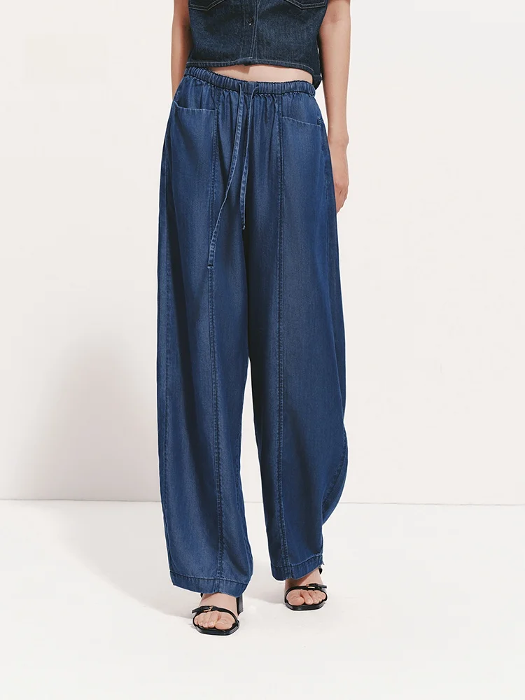 

Женские летние джинсы Semir свободного кроя с эластичной резинкой на талии, повседневные брюки прямого кроя, модный дизайн с разрезами, застежка на шнурке