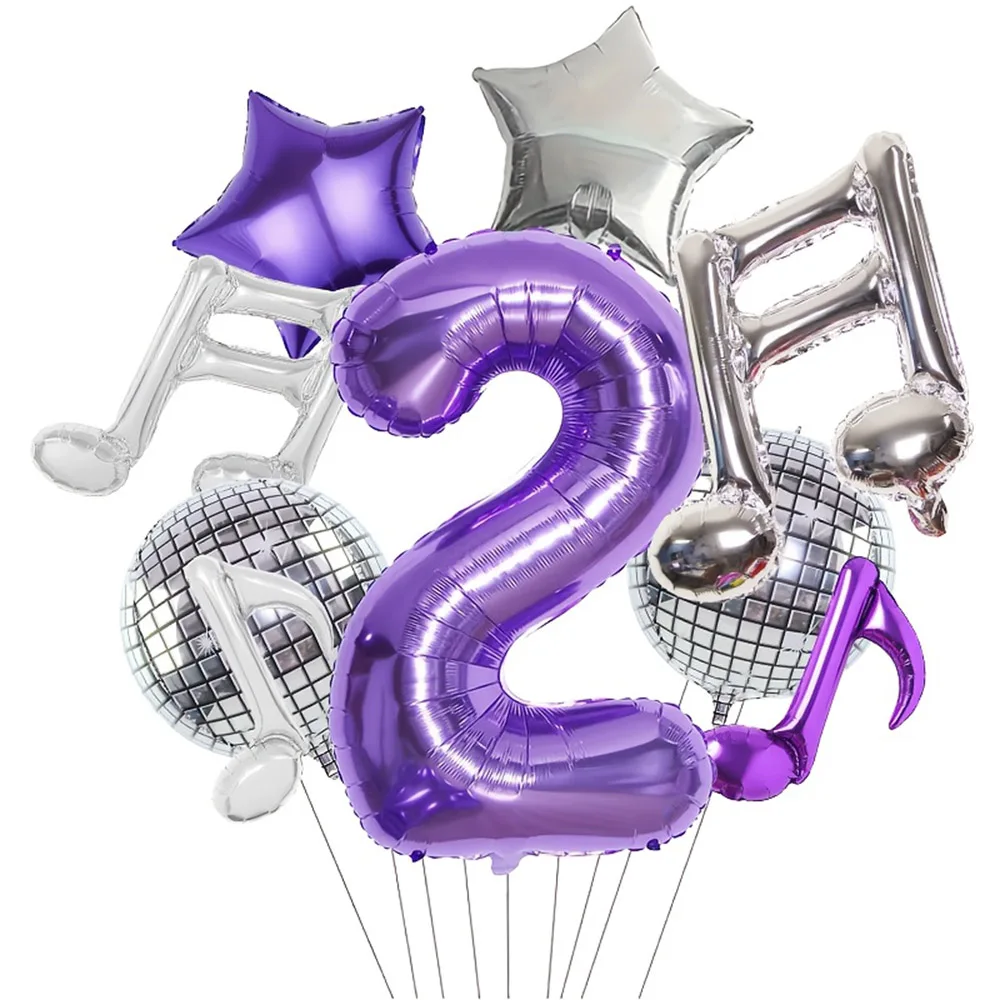 9-teiliges Pop-Musik-Party-Ballonset, 32 Zoll Lila Digitalzahlen 0-9 & Disco 4D Ballon & Silber-Lila Musiknoten & Stern-Ballons – Detail 2