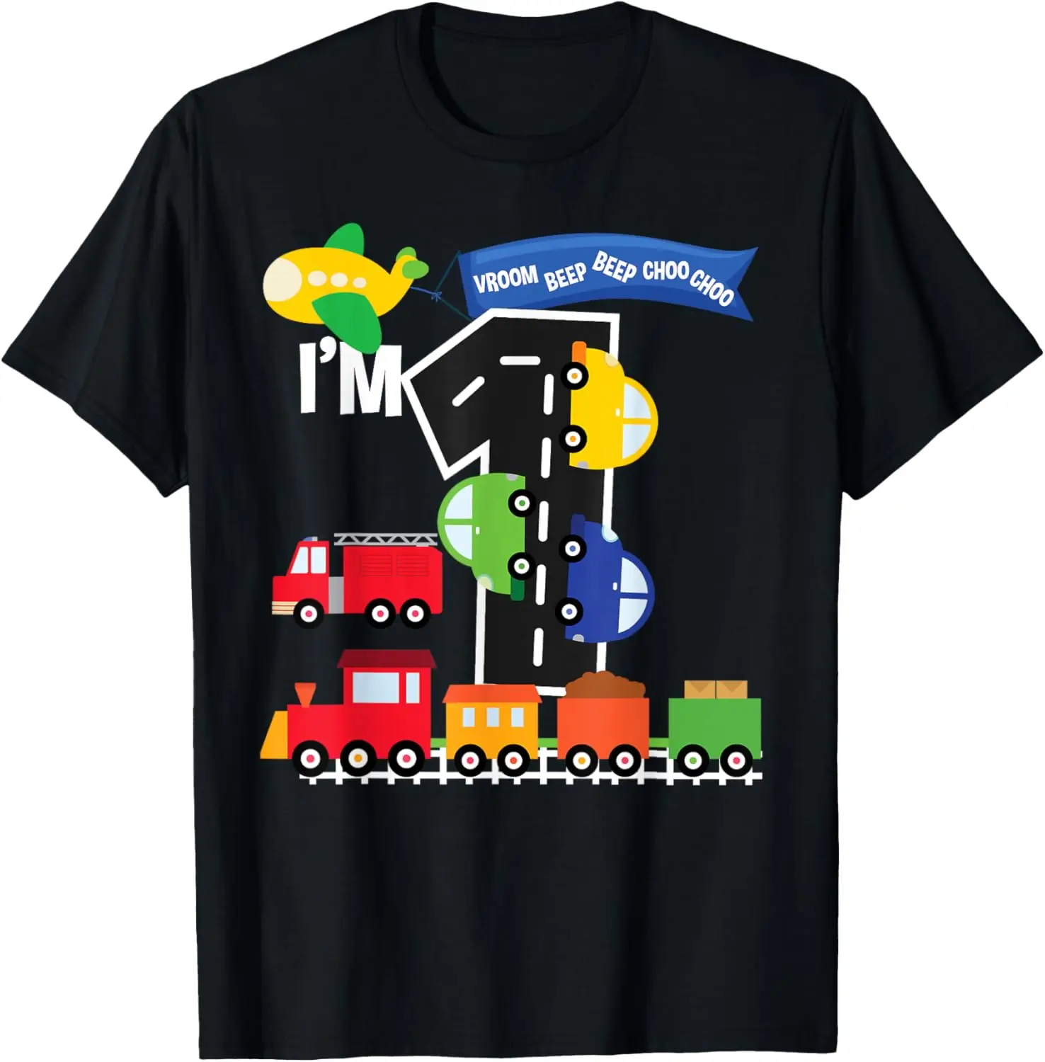 Transportation 1st Birthday Airplane Cars Fire Truck Train T-Shirt