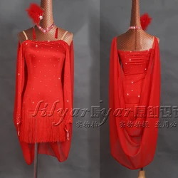 Vestido de baile latino, nuevo vestido personalizado de baile con flecos de cintura roja grande para mujer