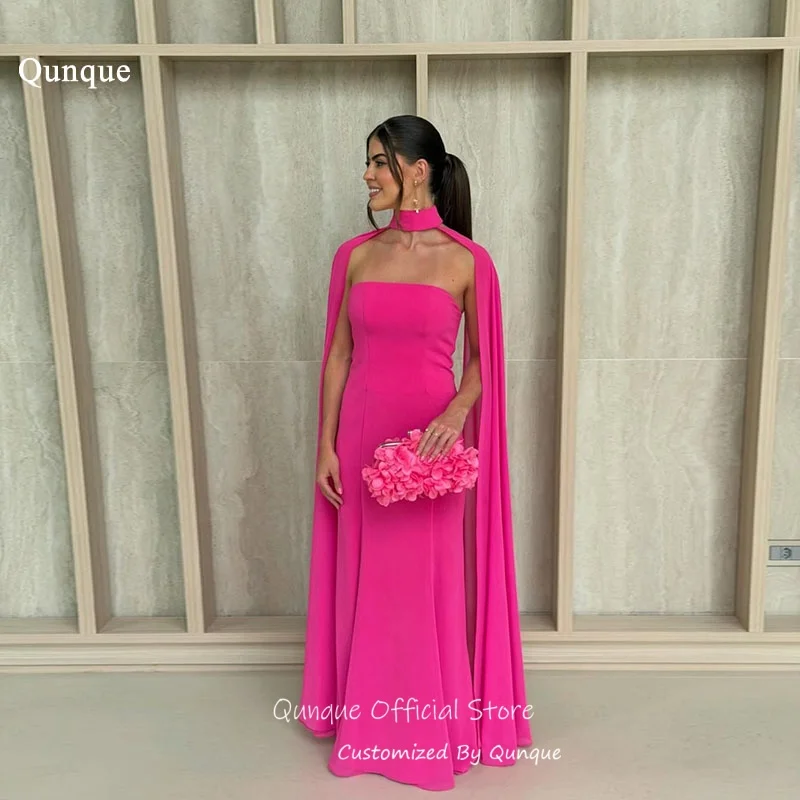 

Qunque Elegant Fuchsia Strapless Evening Dress Choker Cape Vestidos De Gala De Noche Maxi Backless Robes De Soirée Customized