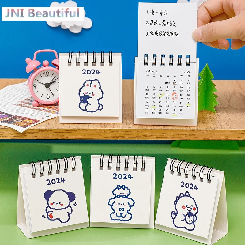 2024 Year Simple Ins Small Desk Calendar Student Desktop Cute Cartoon Dog Rabbit Mini Note Memo Calendar Study Office Calendar