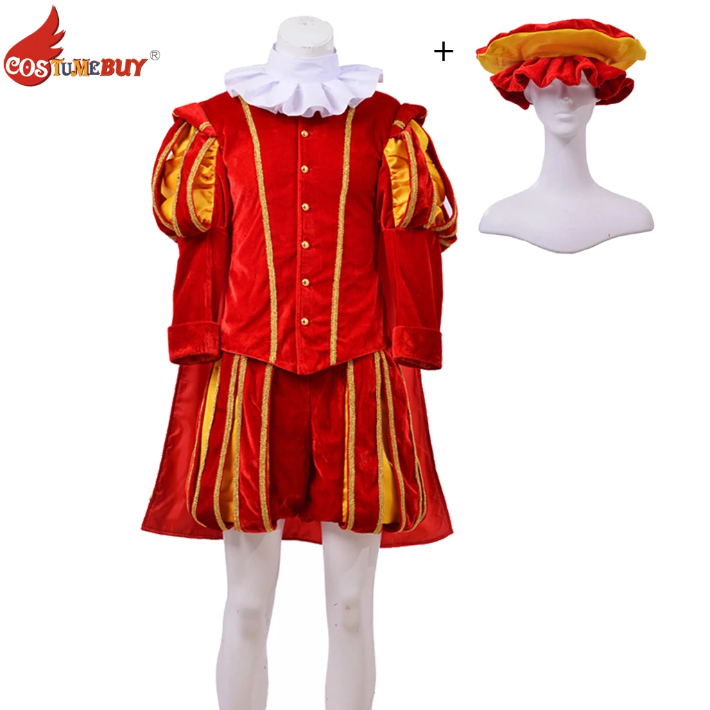 Renaissance King Costume, Movie TV King Henri Cosplay Men's Outfits, Tudor Elizabethan Nobleman Red Velvet Coat Cape Suit