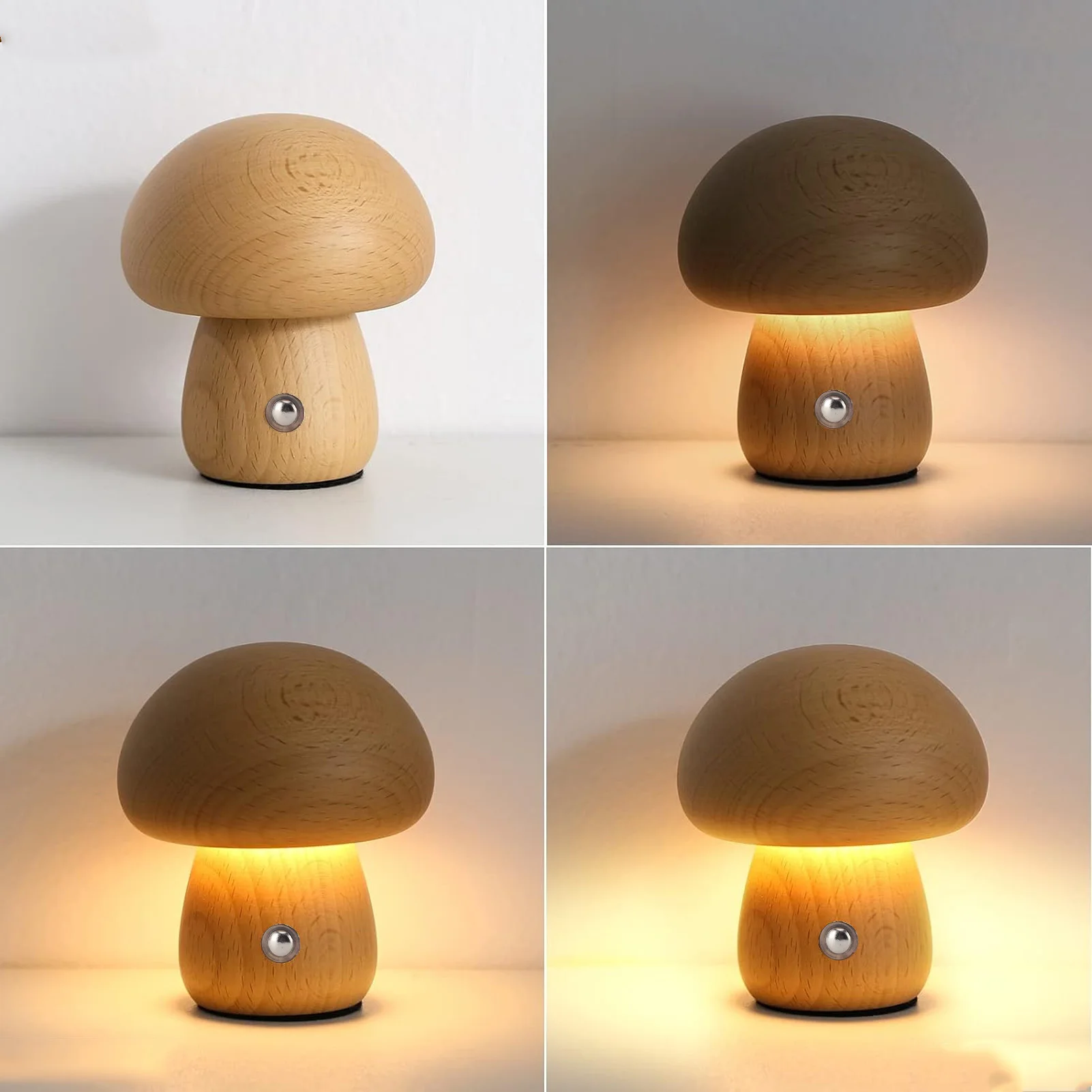 Wood Mushroom Lamp DC Charging Cordless Bedside Touch Night Lights Portable Dimmable Table Light for Bedroom Nightstand Decor