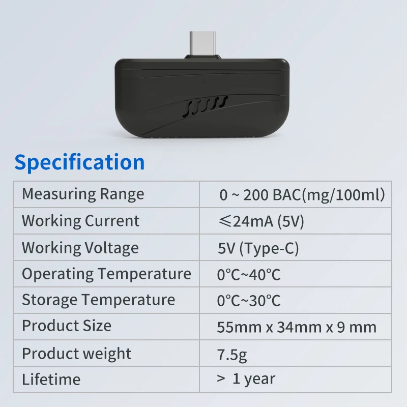 Mini Detector de Alcohol portátil, teléfono enchufable, funciona con aplicación, probador de Alcohol sin contacto, alcoholímetro, herramientas de prueba de Alcohol