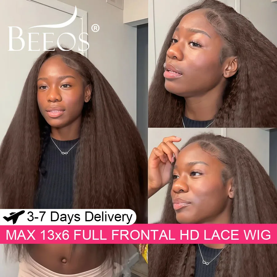 

Темно-коричневый ультраоблегающий парик из 100% натуральных волос Remy с прозрачной HD-сеткой 13x6, прямые кудри, глубокая разница между линиями роста и линией челки, для женщин