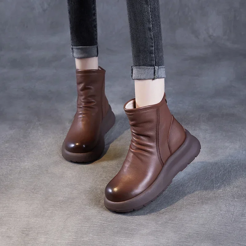 5CM Big Size 35-43 Fashion Women Boots 2024 New Autumn Winter Genuine Leather Thick Bottom Platform Wedges Heel Warm Ankle Boots