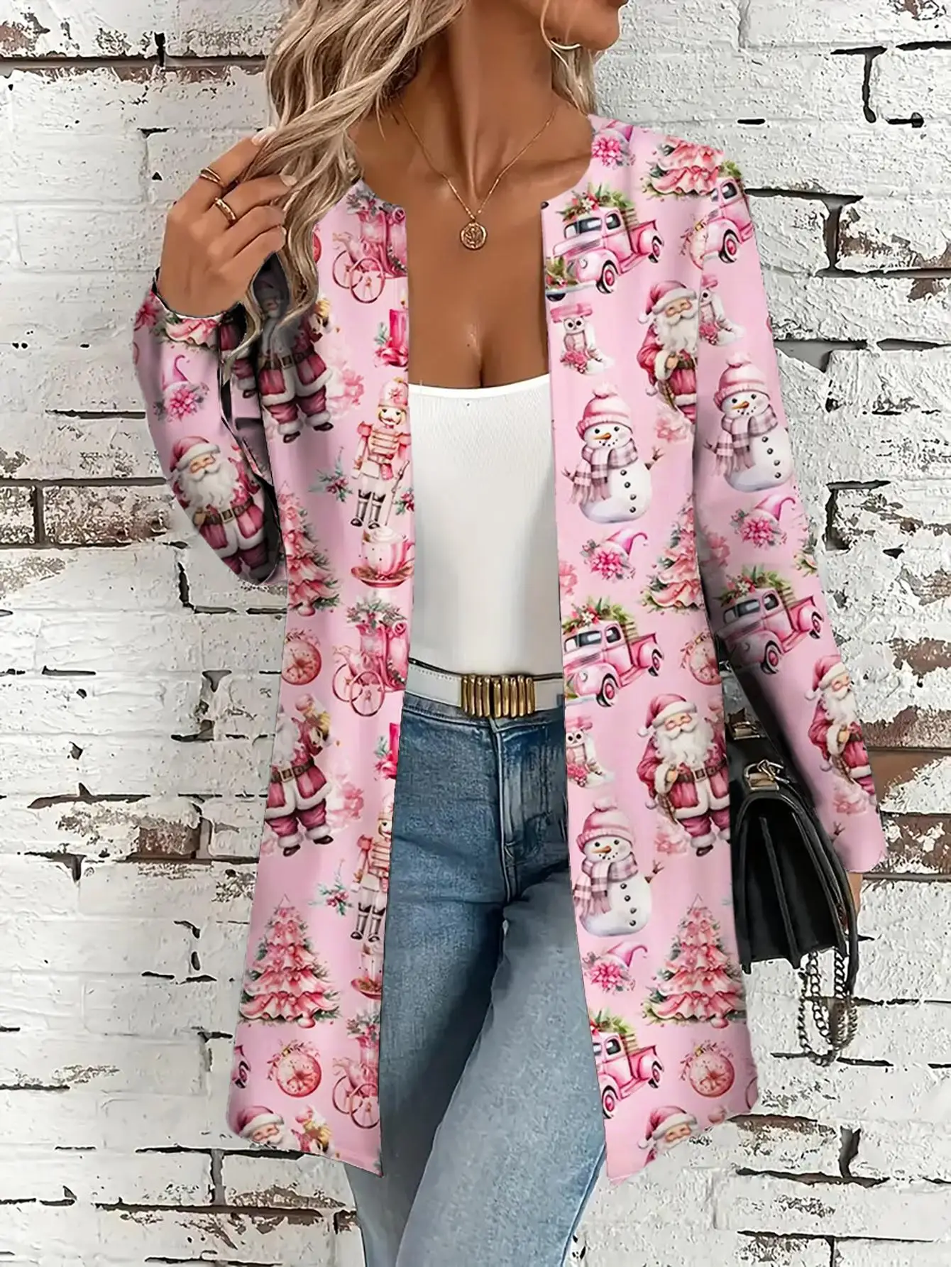 Plus Size Women Pink Christmas Santa Snowman Print Open Front Cardigan Long Sleeve Casual Holiday Outerwear Top