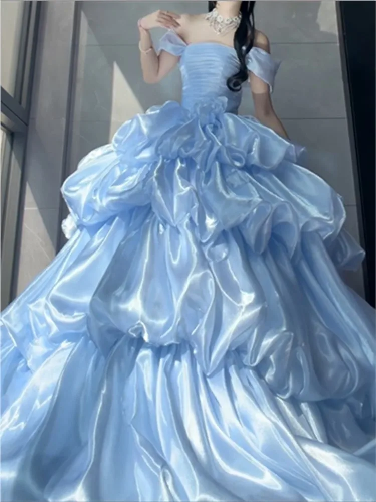 One-shoulder blue student coming-of-age ceremony graduation birthday party large skirt