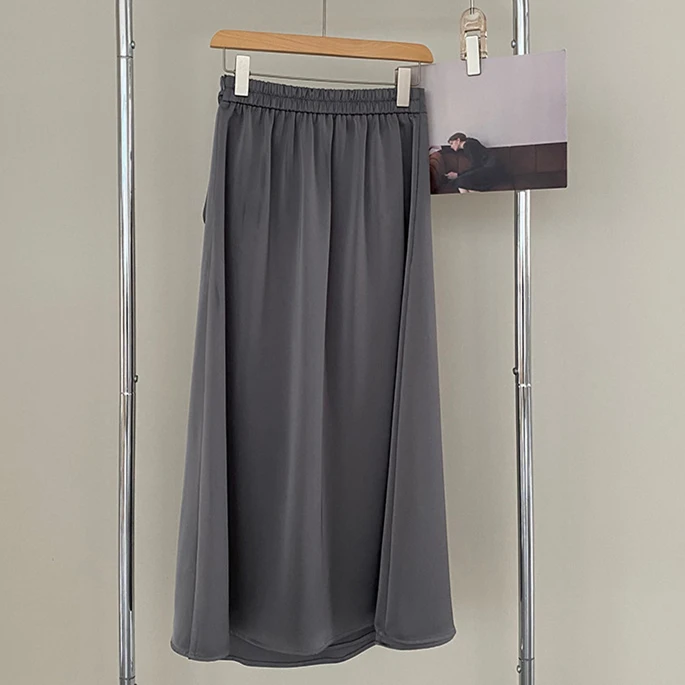 Spring New Girlish Medium Length Skirt Satin Finish Elastic Waist Side Tie A-Line Flowy Elegant Smooth Simplicity Solid Vestidos