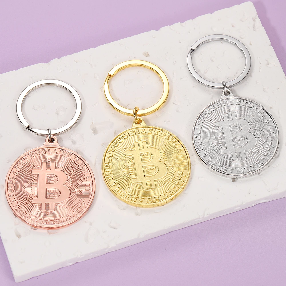 Personalized Composite Circular Keychain Pendant Zinc Alloy Creative Bitcoin Golden Coin Keychain Jewelry