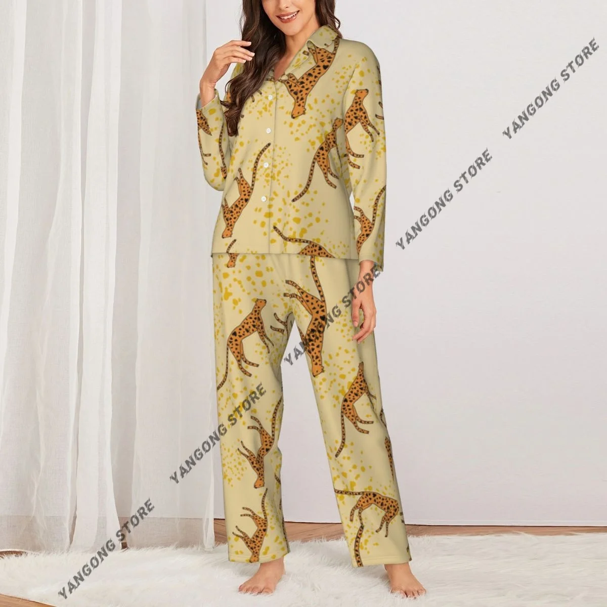 Women Sleepwear Loungewear Cute Leopard Pattern Cheetah Long Sleeve Lapel Neck Shirt and Elastic Waist Pants Pajamas Set