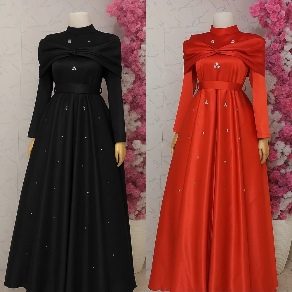 Customized Charmeuse Rhinestone Glitter High Collar A-line Midi Dresses Bespoke Occasion Prom Elegant Party Evening Dress